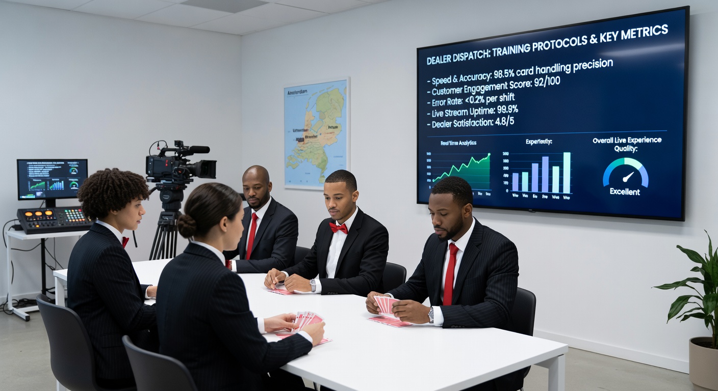 Grafiek met key metrics zoals latency, retentie en engagement rates voor live dealers in Nederlandse casinos, met staafdiagrammen en trends