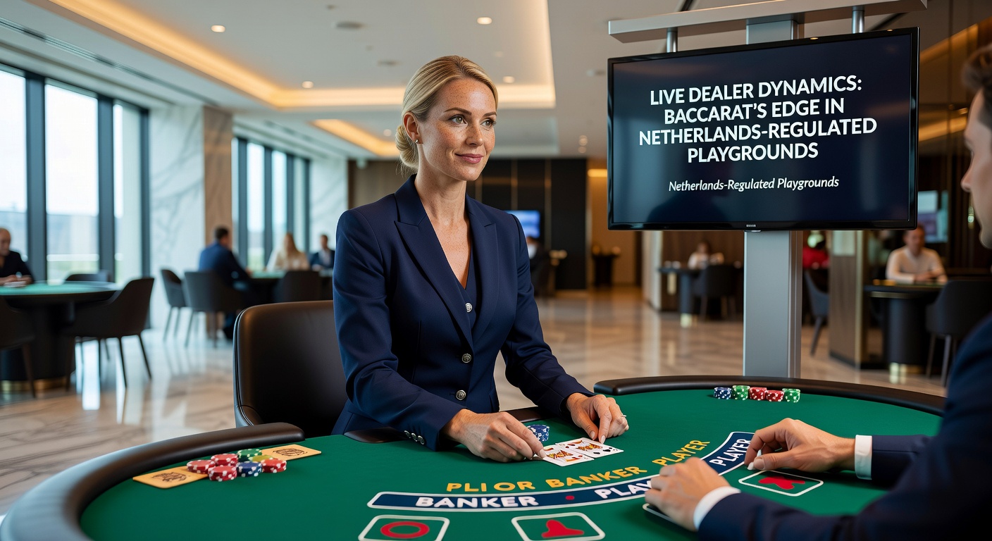 Live dealer aan het werk bij een baccarat-tafel in een Nederlands gelicenseerd online casino, met spelerskaarten en chips duidelijk zichtbaar