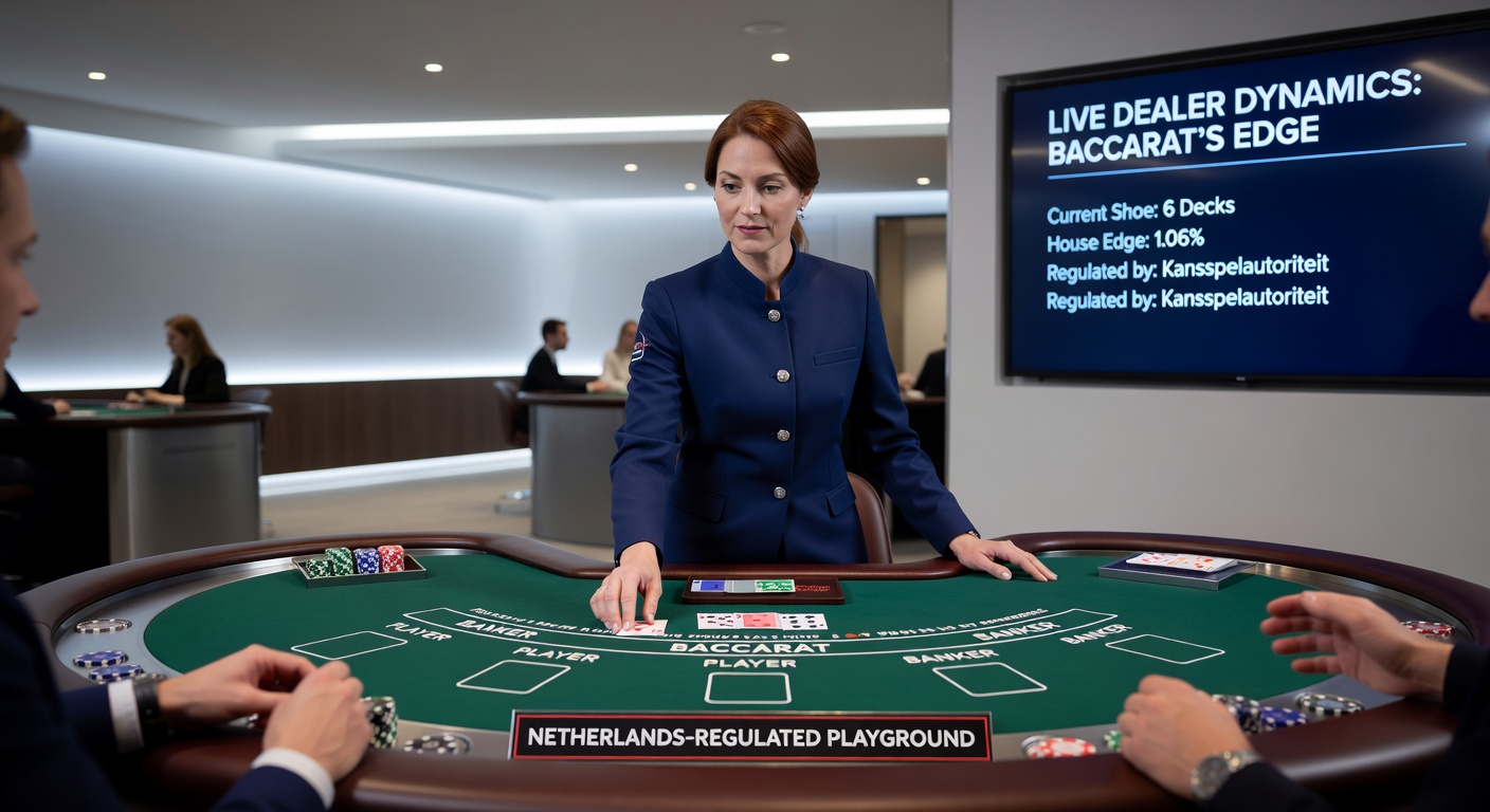 Dichte opname van een baccarat-hand in live actie, met dealer die kaarten aankondigt en scorebord op de achtergrond in een KSA-gelicenseerd casino