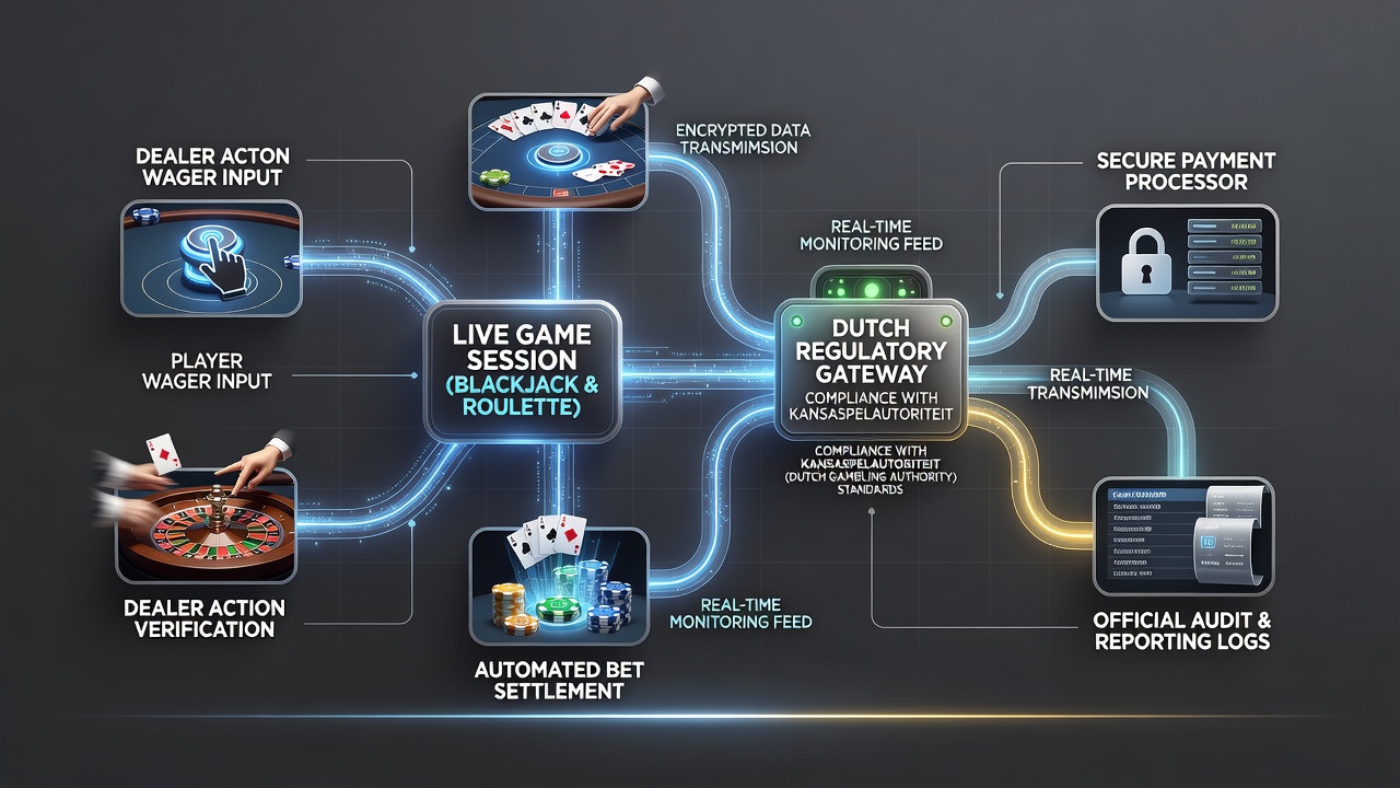 Diagram van transactie stroom in gereguleerde live roulette en blackjack sessies