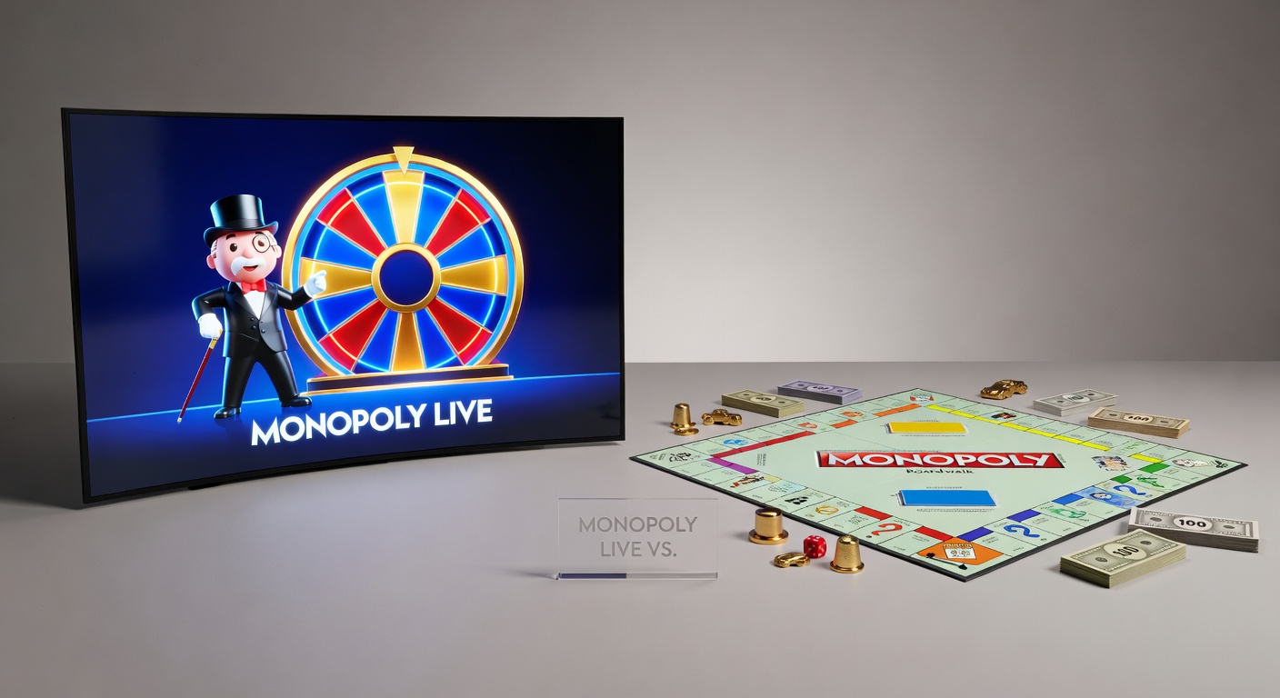 Vergelijkend overzicht van Dream Catcher wiel met multipliers naast Monopoly Live bonusbord, live dealers zichtbaar in split-screen