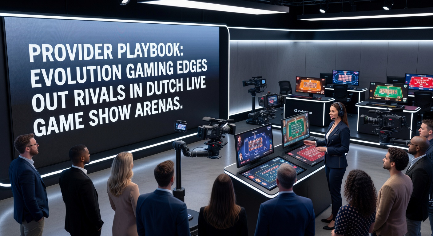 Grafiek met marktaandeel van Evolution Gaming versus concurrenten in Nederlandse live game shows, met opvallende dominantie in 2025-2026 data