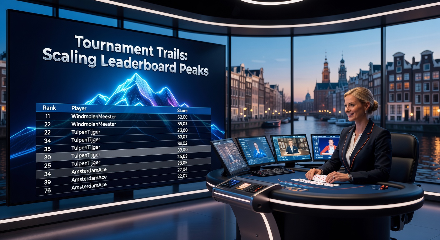 Dynamische close-up van een live dealer blackjack toernooi leaderboard met Nederlandse spelers die pieken schalen